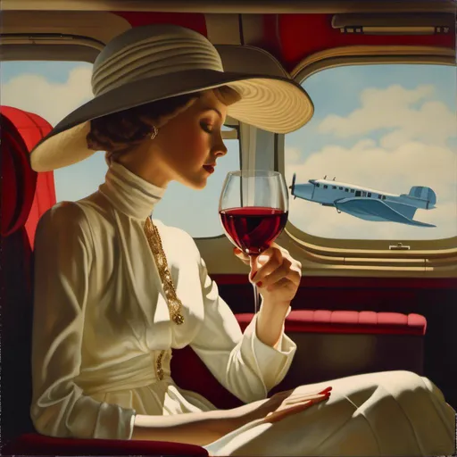 Prompt: a 21-year-old woman in a long flower print Empire Dress with a high neck line and white hat sitting on an airplane seat with a hat on her head drinking a glass red wine,  and a plane in the background with a window, Annie Leibovitz, precisionism, promotional image, an art deco painting  drinking red wine,<mymodel> 