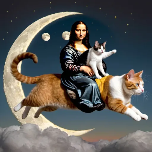 Prompt: Mona Lisa riding a cat that is jumping over the Moon.