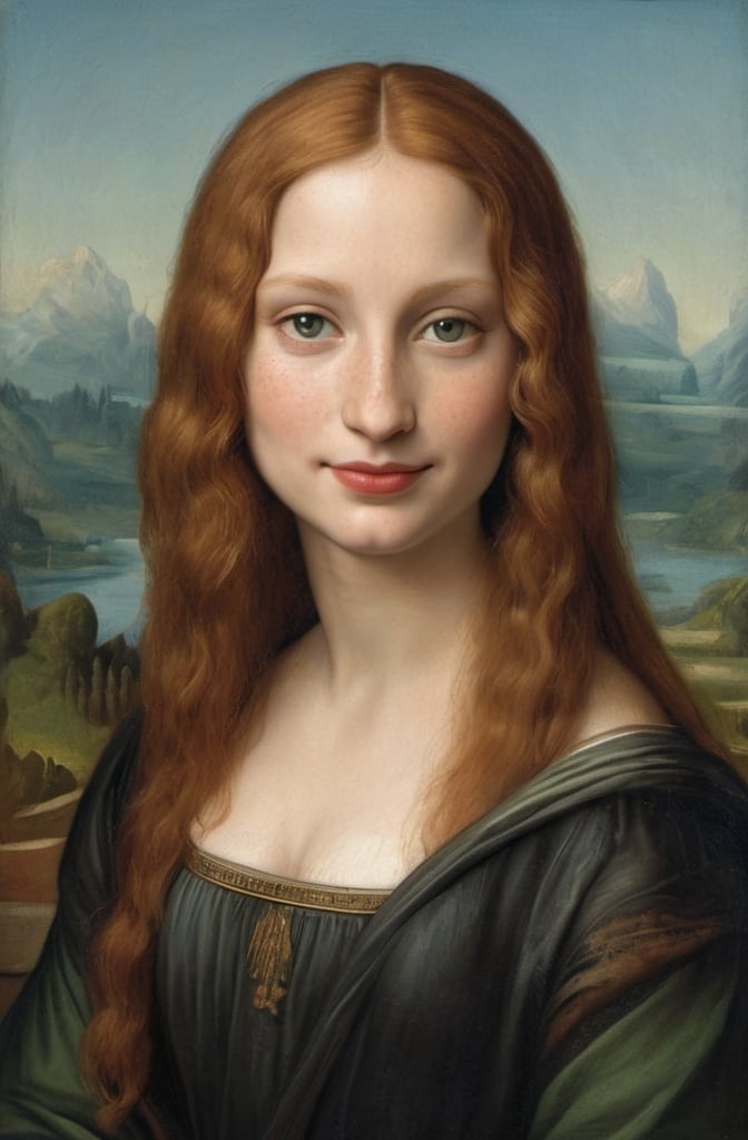 Prompt: a painting of Mona Lisa cover with dark freckle green eyes  long ginger hair, red lipstick, on a smile on her face, with a green background and a blue sky, Fra Bartolomeo, academic art, renaissance oil painting, a painting