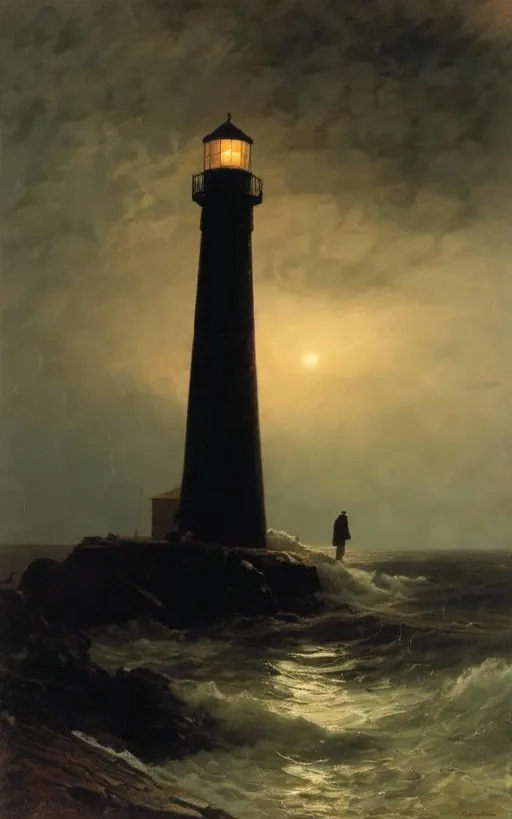 Prompt: a lone man black standing at a lighthouse at dusk in stormy and windy weather rain

<mymodel>