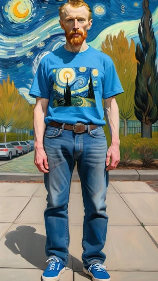 Prompt: a full-length portrait painting,
Vincent van Gogh,
standing on the sidewalk outside the 	Museum of Modern Art  souvenir t-shirt, 
long blue jean,
blue tennis shoes,
n the style of "The Starry Night" by Vincent van Gogh
