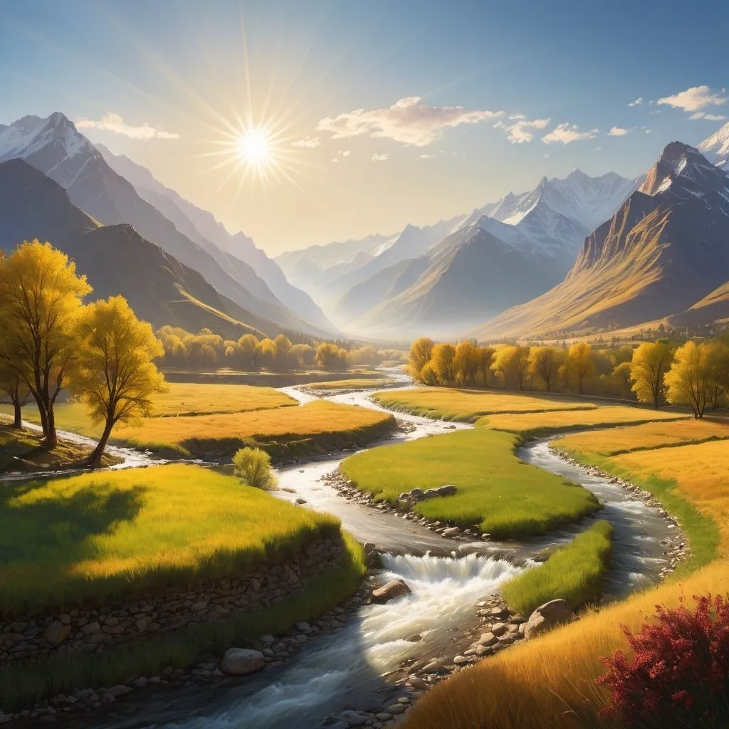 Prompt: a painting of a valley with a river running through it and mountains in the background with a sun shining over the valley, Art Brenner, environmental art, beautiful landscape, a matte painting