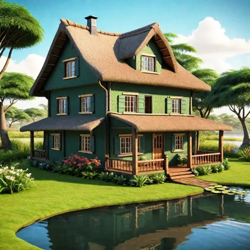 Prompt: create a very detailed and magnificent cottage in a water pond ,  in east Africa 