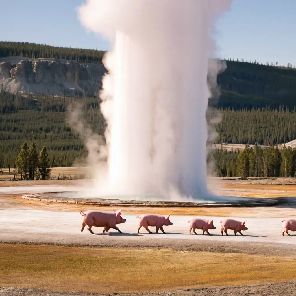 Prompt: three pigs flying over Old Faithful
