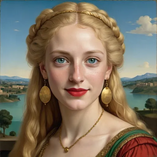Prompt: a half-length portrait painting  of Helen of Troy cover with dark freckle blue eyes  long blonde hair red lipstick  on a smile on her face, "gold earrings"  renaissance dress with a green background and a blue sky, Fra Bartolomeo, academic art, renaissance oil painting, a painting in the style of  Mona Lisa