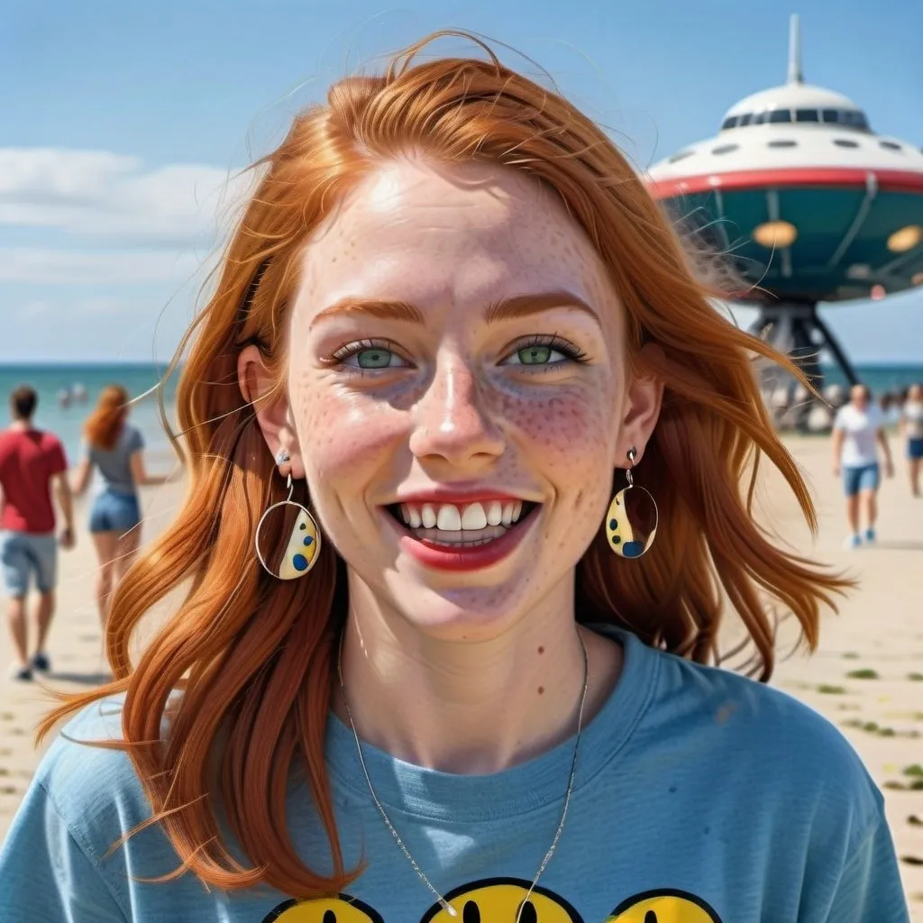 Prompt: photorealistic portrait of a [(27 year-old woman),  (cover with dark freckle), (green eyes), (long ginger hair), (red lipstick), (a smile on her face),(earrings with a SMILEY face on it's earring hooks), (smiley  T-shirt), (long blue jean), (red and blue tennis shoes),]on the beach, looking very excited at an attacking UFO