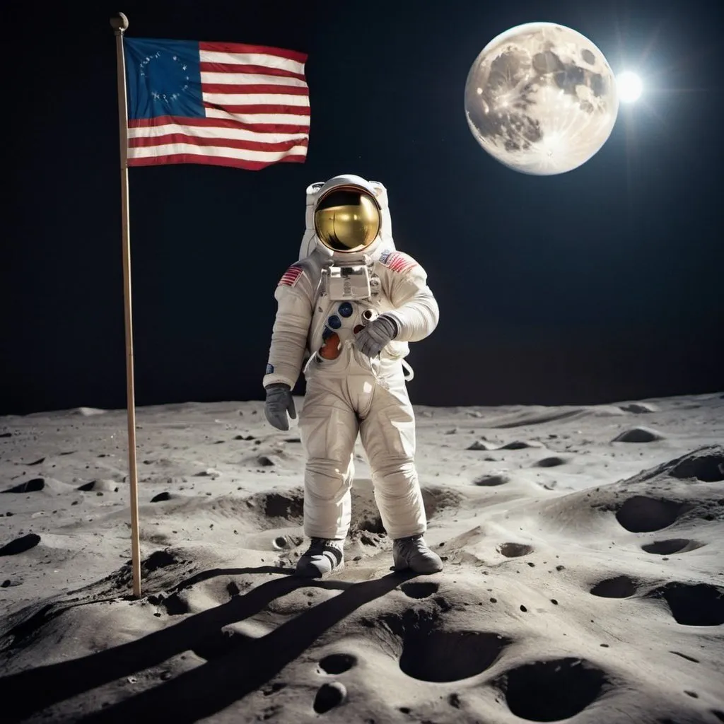 Prompt: Mona Lisa walking on the Moon planting the flag of The Republic of Florence.