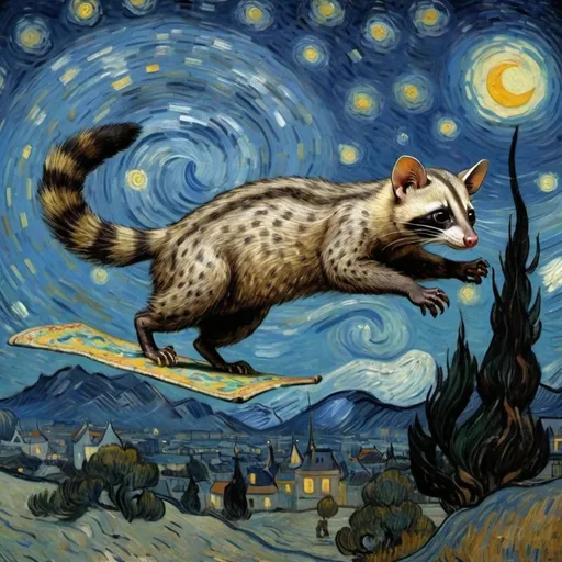 Prompt: A "Civet"  flying on a "magic carpet" in "The Starry Night" by Vincent van Gogh