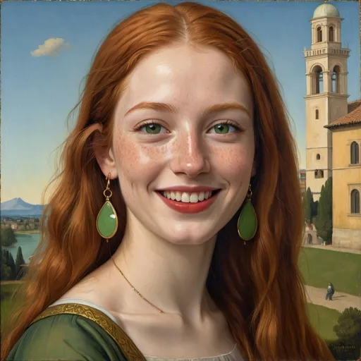 Prompt: a half-length portrait painting  of 27 year-old woman cover with dark freckle green eyes  long ginger hair red lipstick  on a smile on her face, "smiley-face-gold-earrings",  T-shirt, with a green background and a blue sky, Fra Bartolomeo, academic art, renaissance oil painting, a painting in the style of  Mona Lisa
