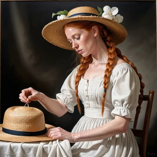 Prompt: a painting of a woman weaving a straw hat, the woman as  long ginger hair ginger in a French braid with a white hat dress in a  cotton flower print Empire Dress with a high neck line, Alson S. Clark, academic art, extremely detailed oil painting, a hyperrealistic painting