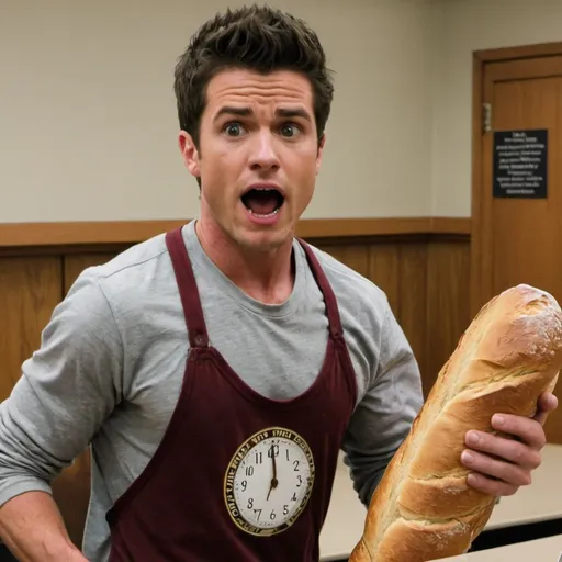 Prompt: "The grinder bread man" running in late for a college class 