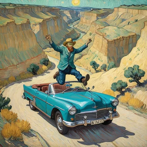 Prompt: Vincent van Gogh   jumping over a canyon in a convertible 