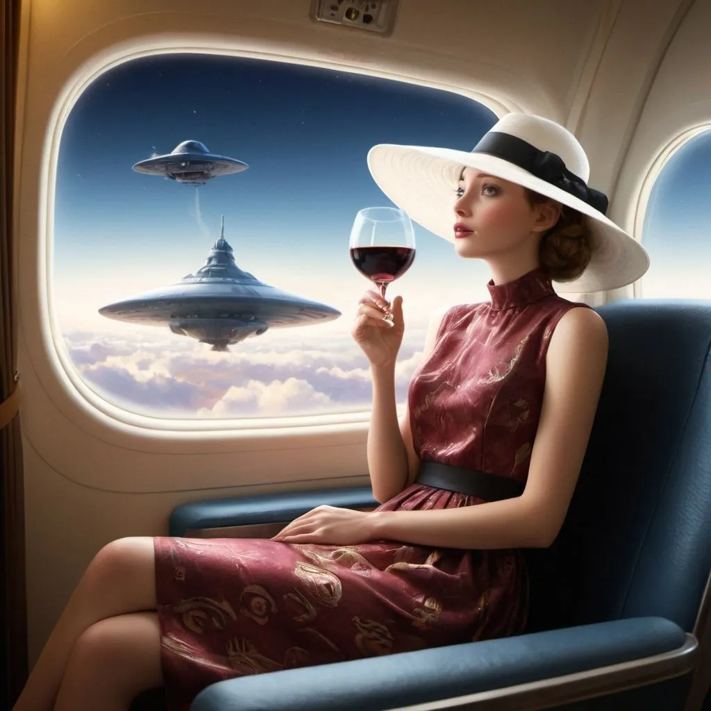 Prompt: a 21-year-old woman in a long flower print Empire Dress with a high neck line and white hat  sitting on an airplane seat with a hat on her head, drinking red wine, and an attacking UFO in the night shy in in the background with a window, Annie Leibovitz, precisionism, promotional image, an art deco painting