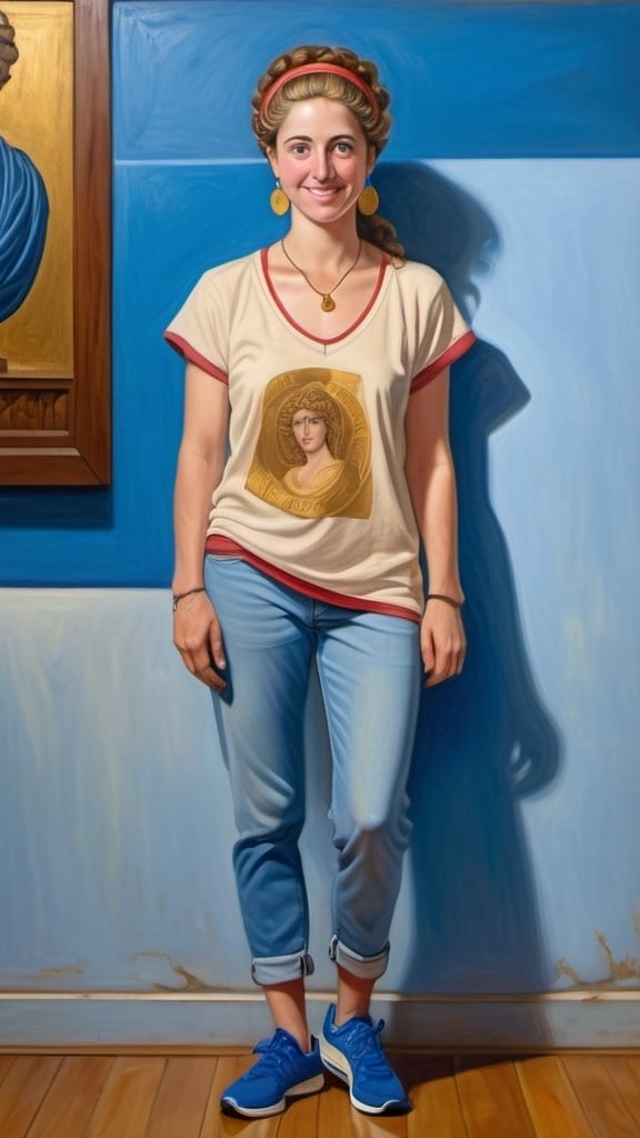 Prompt: a full-length portrait painting,
Helen of Troy,
standing a wax wood floor
a smile on her face, 
gold-earrings,  
 Greece  souvenir t-shirt, 
long blue jean,
blue tennis shoes,
academic art, 
renaissance oil painting
