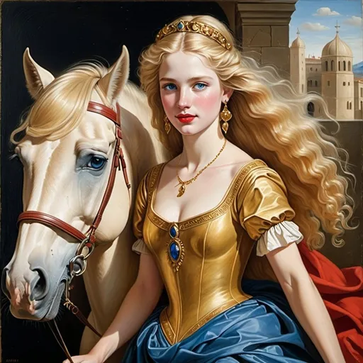 Prompt: a painting of Helen of Troy cover with dark freckle blue eyes long blonde hair red lipstick on a smile on her face, "gold earrings" renaissance dress riding on a horse,  academic art, renaissance oil painting, a painting