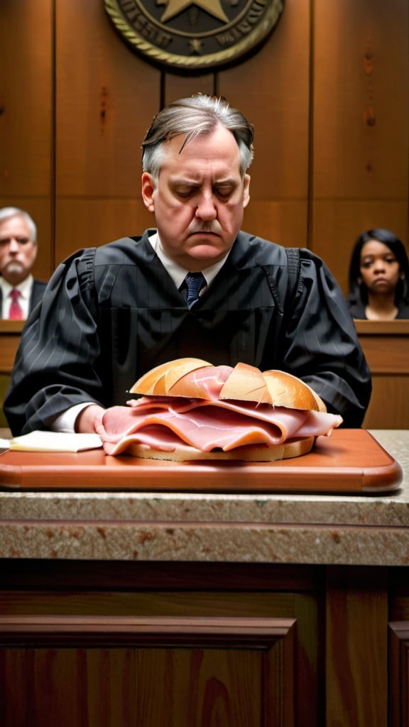 Prompt: an indictment ham sandwich on the witness stand in court