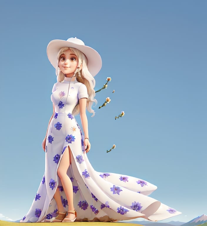 Prompt: a  ((a 21-year-old woman in a long flower print Empire Dress with a high neck line and white hat)) standing on top of a mountain with a blue sky in the background, Ella Guru, symbolism, giantess art, an album cover