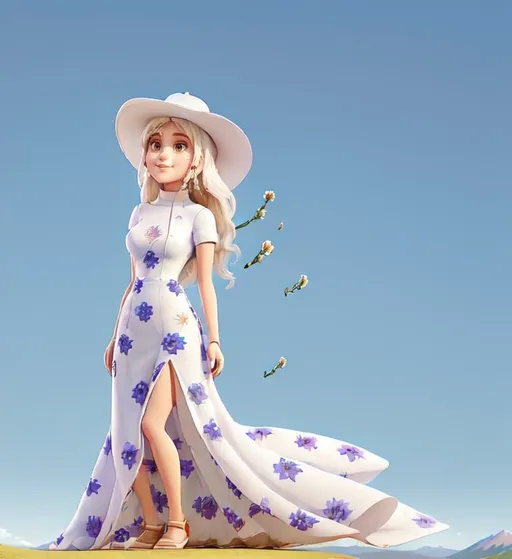 Prompt: a  ((a 21-year-old woman in a long flower print Empire Dress with a high neck line and white hat)) standing on top of a mountain with a blue sky in the background, Ella Guru, symbolism, giantess art, an album cover