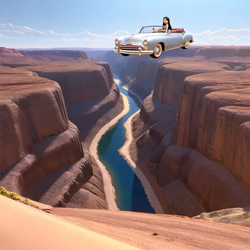Prompt: a car is flying over a canyon with a river in it and Mona Lisa  is sitting in the in  car, Mona Lisa in the convertible. Mona Lisa's hands is on the steering wheel of the convertible. Mona Lisa is driving the convertible.