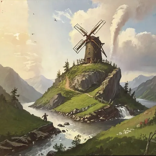 Prompt: Create a UHD, 64K, professional oil painting in the style of Albert Bierstadt, Hudson River School, american scene painting, Depict a playfully  balanced windmill on  the mountain that stood out  bold and clear against the sky its towering crags and deep ravines filled with mystery and beauty.