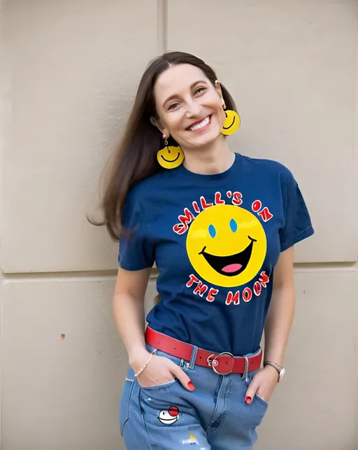 Prompt: portrait,  
( Mona Lisa), 
(walking on the moon ),
(a smile on her face), 
(earrings with a smiley face on it's earring hooks),  
(smiley-face t-shirt), 
(long blue jean), 
(red and blue tennis shoes),
photo
