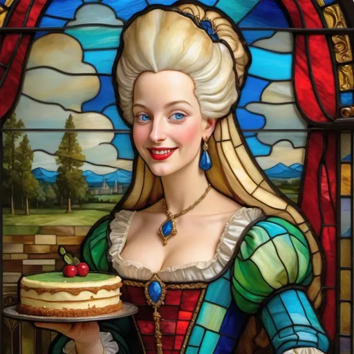 Prompt: a half-length Stained Glass Portrait   of Marie Antoinette cover with dark freckle blue eyes  long blonde hair red lipstick  on a smile on her face, "gold earrings"  renaissance dress eating cake with a green background and a blue sky, Fra Bartolomeo, academic art, renaissance Stained Glass Portrait , in the style of  Mona Lisa