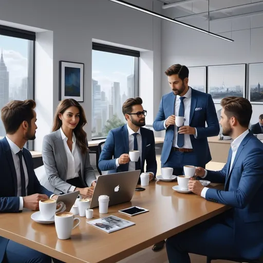 Prompt: a painting of a scene from 2020s daily life , 
drinking coffee with co-workers dress in modern professional clothes in a modern  office,
 Patrick Demarchelie,
highly detailed, 
professional oil painting,
a hyperrealistic painting 
UHD, 
64K