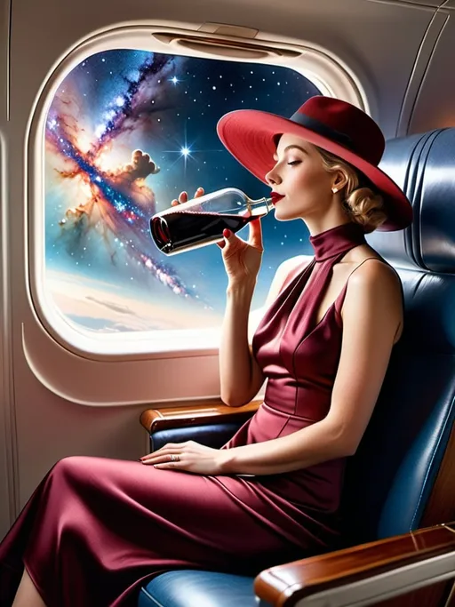 Prompt: a 21-year-old woman in a long flower print Empire Dress with a high neck line and white hat sitting on an airplane seat with a hat on her head drinking red wine,  and ((the Andromeda Galaxy))  in the background with a window, Annie Leibovitz, precisionism, promotional image, an art deco painting  drinking red wine,