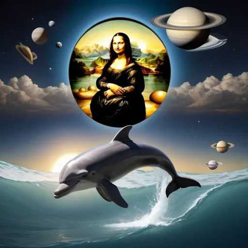Prompt: Mona Lisa riding a dolphin that is jumping over Saturn