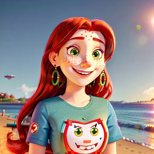 Prompt: photorealistic portrait of a [(27 year-old woman),  (cover with dark freckle), (green eyes), (long ginger hair), (red lipstick), (a smile on her face), ( smiley face earrings), (smiley-face t-shirt), (long blue jean), (red and blue tennis shoes),]on the beach, looking very excited at an attacking UFO