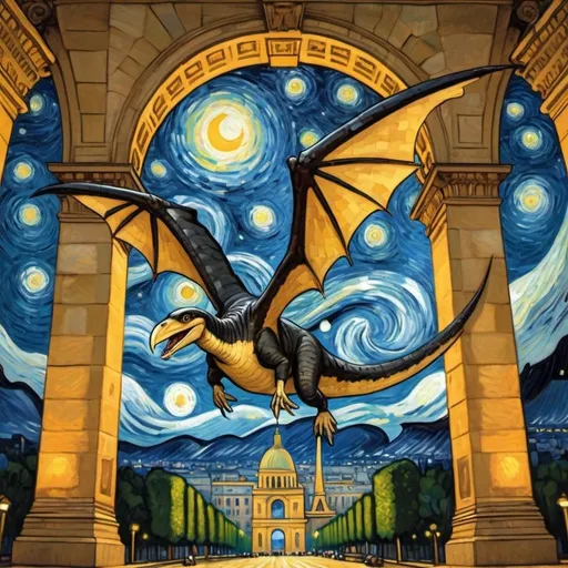 Prompt: Mona Lisa riding a Pterodactyl through the Arc de Triomphe in the style of "The Starry Night" by Vincent van Gogh