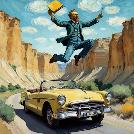 Prompt: Vincent van Gogh  jumping over a canyon while  he  is in and  driving a convertible 