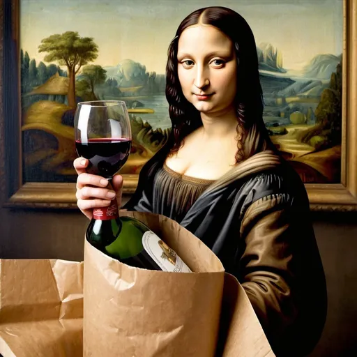 Prompt: Mona Lisa drinking stray from  a "wine bottle that is wrap in a brown paper."