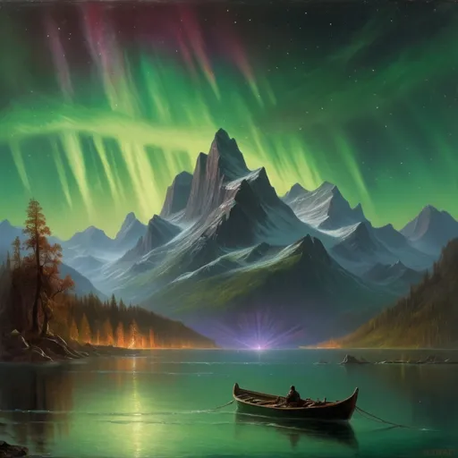 Prompt: a painting of a boat in a body of water under a sky filled with aurora lights and a mountain, Albert Bierstadt, space art, apocalypse, a painting