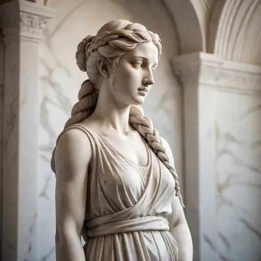 Prompt: Marble statue of beautiful 25-year-old woman, long hair in a French braid,   thick long  cotton dress with a high neck line, high quality, classical sculpture, ancient Greek, detailed features, white marble, elegant pose, graceful, soft lighting, traditional, historical, realistic details, classical art, serene expression, lifelike, smooth curves, goddess-like, ancient beauty, classical, sophisticated, traditional sculpture, elegant, natural lighting