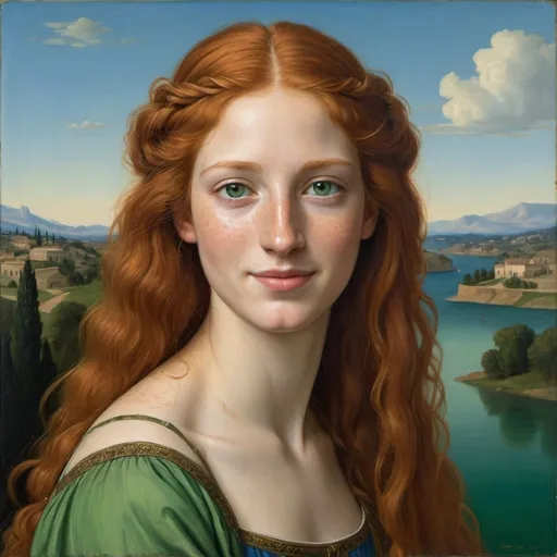 Prompt: a painting of Helen of Troy cover with dark freckle green eyes  long ginger hair    on a smile on her face, with a green background and a blue sky, Fra Bartolomeo, academic art, renaissance oil painting, a painting in the style of  Mona Lisa
