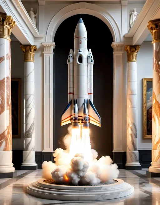 Prompt: white Marble statue of  a rocket is being launched  with fire and smoke billowing out of it's back,  in a museum, high quality, classical sculpture, ancient Greek, detailed features, white marble,  graceful, soft lighting, traditional, historical, realistic details, classical art, serene expression, lifelike, smooth curves, ancient beauty, classical, sophisticated, traditional sculpture, elegant, natural lighting.3d blender render, 