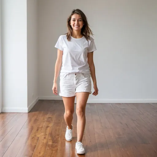Prompt: happy 27-year-old woman walkin on wax wood floor.  white t-shirt and white shorts