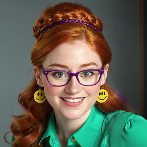 Prompt: 25-year-old woman with earrings 1970s smiley face yellow, green eyes. cover with dark freckle. long ginger hair ginger in a French braid. wearing lipstick red. broad rimmed eyeglasses purple .  yellow blouse, blue  slacks, photo, professional photo. Studio lighting, backlit, realistic lighting. hdr uhd 8k ultra-realistic render, 