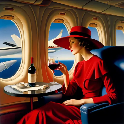 Prompt: a 21-year-old woman in a long flower print Empire Dress with a high neck line and white hat sitting on an airplane seat with a hat on her head drinking a glass red wine,  and a plane in the background with a window, Annie Leibovitz, precisionism, promotional image, an art deco painting  drinking red wine,<mymodel> 