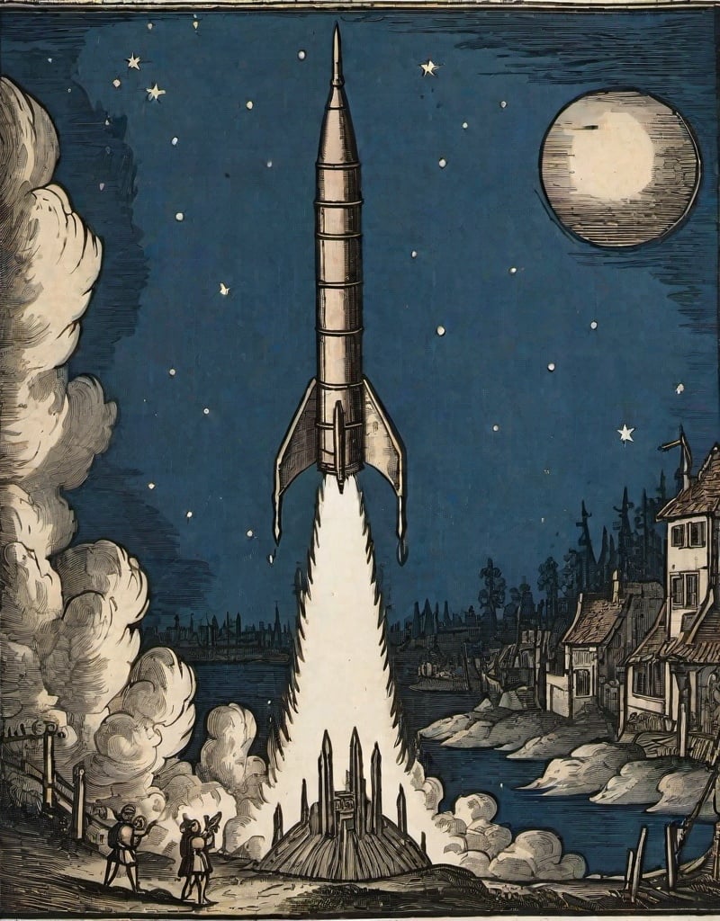 Prompt: a  15th century wood cut print of a rocket is being launched on a clear night with fire and smoke billowing out of it's back end,
15th century wood cut print

