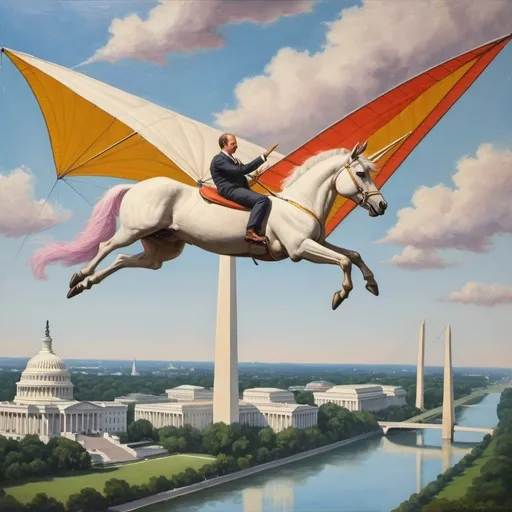 Prompt: a  unicorn,  flying over washington DC on hang glider, 1970s oil painting,

