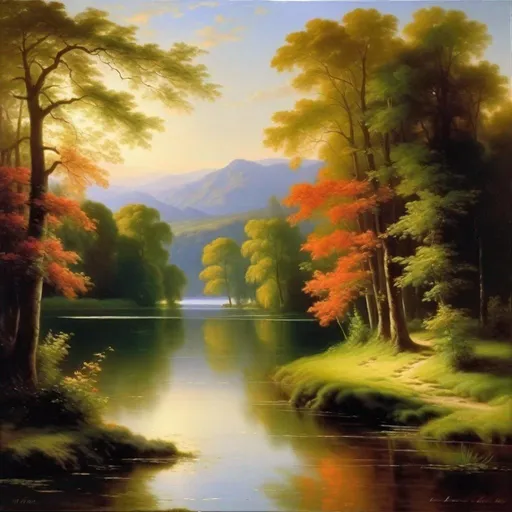 Prompt: Create a UHD, 64K, professional oil painting in the style of Carl Heinrich Bloch, blending the American Barbizon School and Flemish Baroque influences.   Depict the theme of the poem 

The Lake Isle of Innisfree
BY WILLIAM BUTLER YEATS

I will arise and go now, and go to Innisfree,
And a small cabin build there, of clay and wattles made;
Nine bean-rows will I have there, a hive for the honey-bee,
And live alone in the bee-loud glade.

And I shall have some peace there, for peace comes dropping slow,
Dropping from the veils of the morning to where the cricket sings;
There midnight’s all a glimmer, and noon a purple glow,
And evening full of the linnet’s wings.

I will arise and go now, for always night and day
I hear lake water lapping with low sounds by the shore;
While I stand on the roadway, or on the pavements grey,
I hear it in the deep heart’s core.

