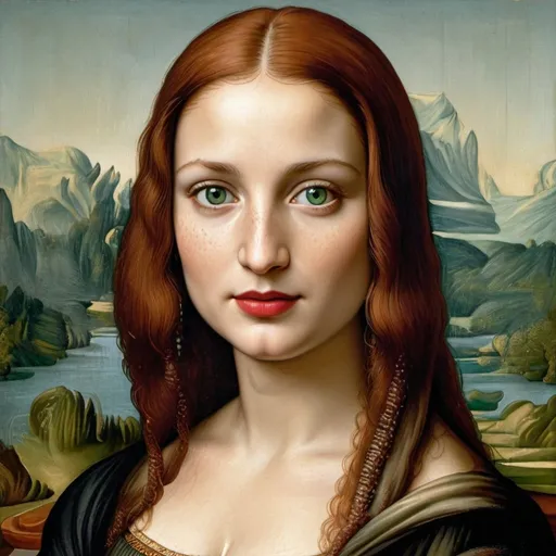 Prompt:  half-length portrait painting, Mona Lisa, freckle, red hair, green eyes, red lipstick,  style of  Leonardo da Vinci.