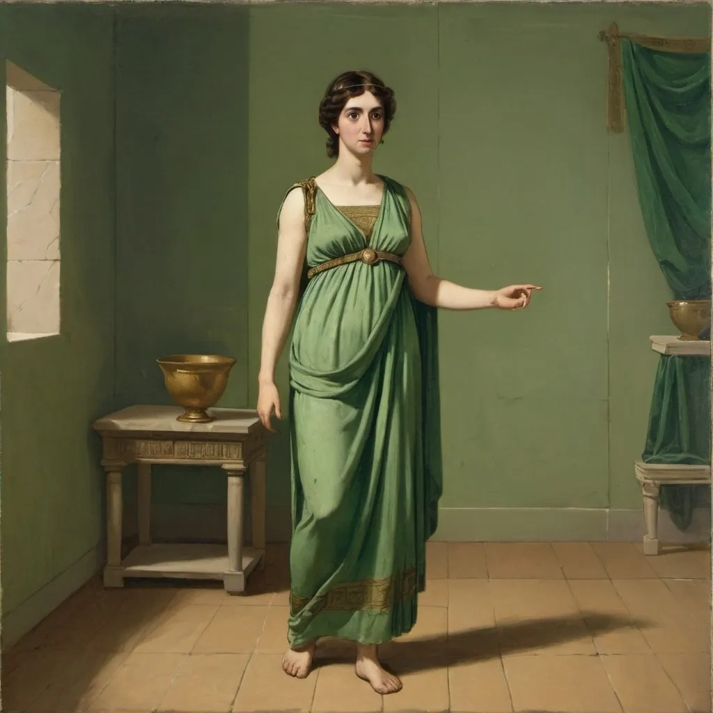 Prompt: a painting of Penelope (by Homer), in a green dress standing in a room, 8th century BC, Full body portrait, a painting