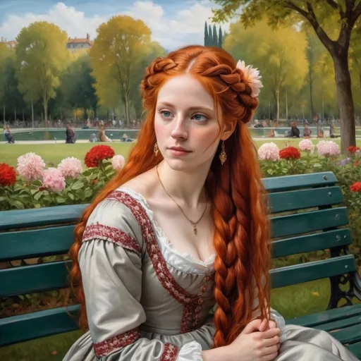 Prompt: Painting of a woman with long red hair in French braid sitting on a bench in a park wearing  and dress with flowers, renaissance oil painting, a painting