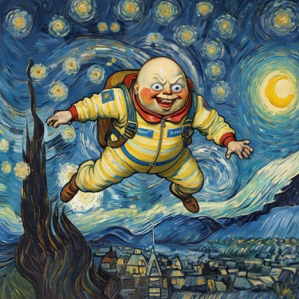 Prompt: "Humpty Dumpty" skydiving  in "The Starry Night" by Vincent van Gogh