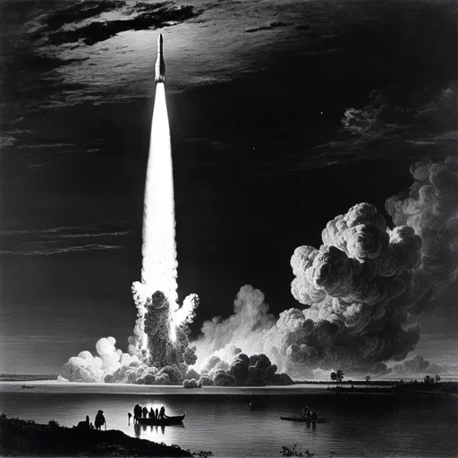 Prompt: <mymodel>a black and white 15th century wood cut print of a Apollo Saturn-V Rocket is being launched on a clear night with fire and smoke billowing out of it's back end, 15th century wood cut print