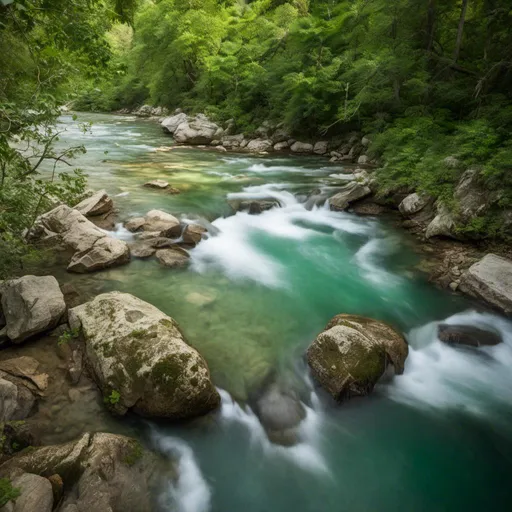 Prompt: <mymodel> A peaceful river surrounded by nature, The water is clear, and the surroundings are lush and green 