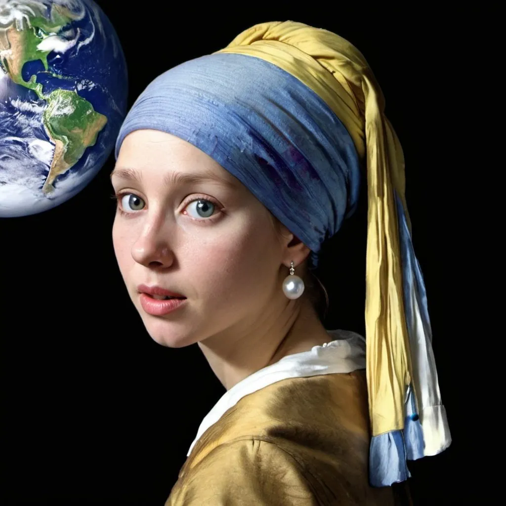 Prompt: "the girl with the pearl earring"  saving the Earth from a giant asteroid